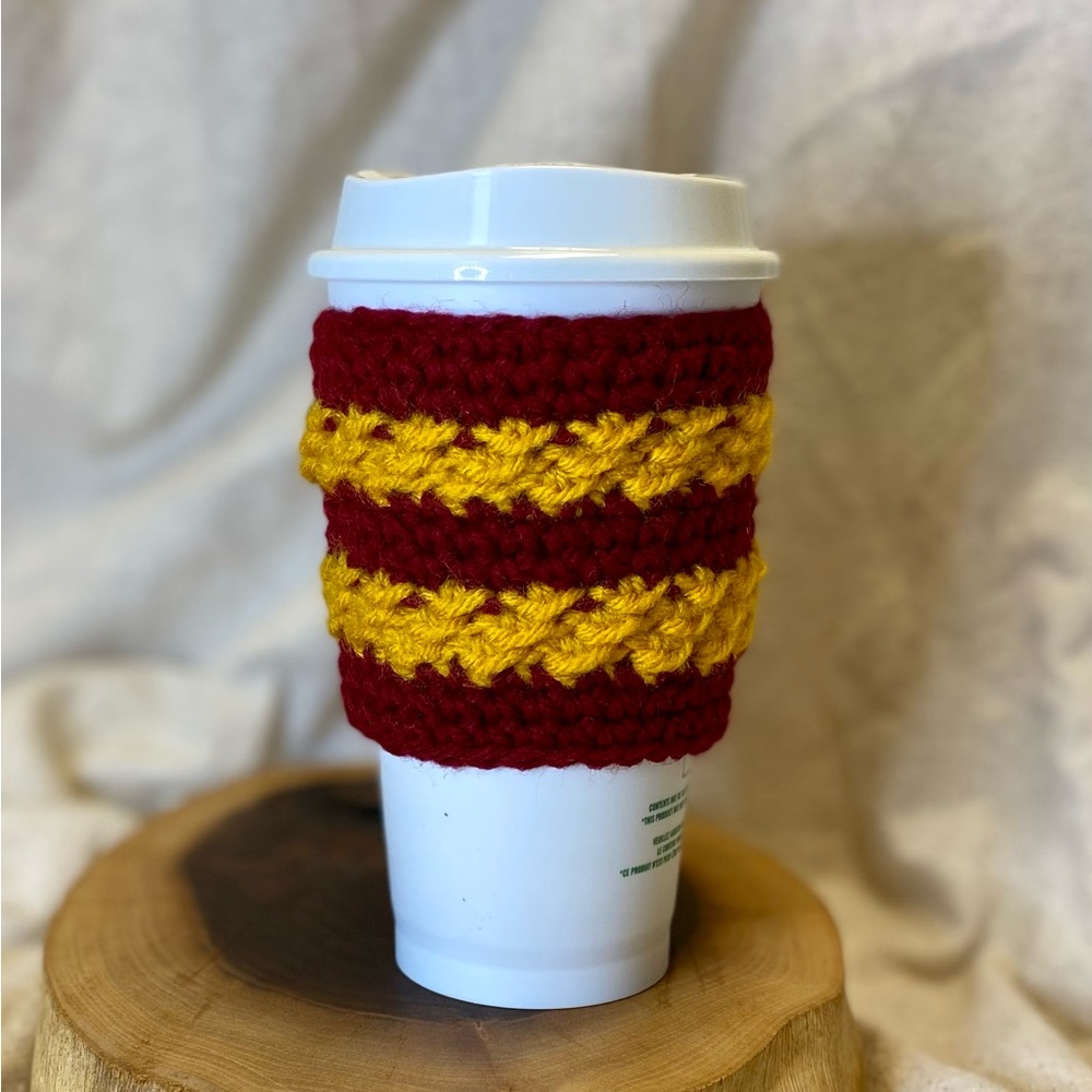 Crochet coffee cozy maroon and gold small to medium coffee or tea to go